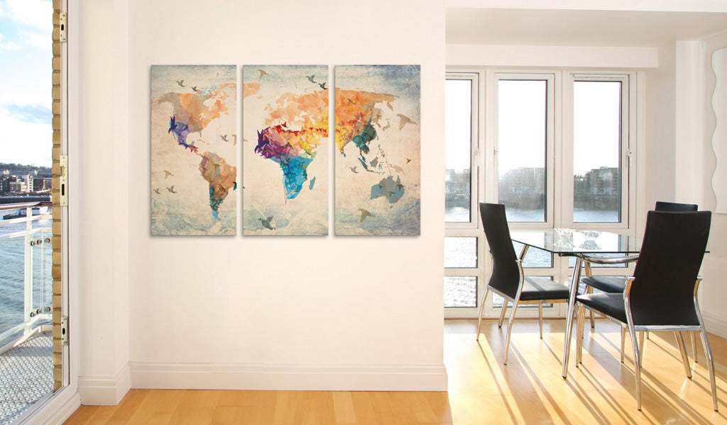 Weltkarte als Leinwandbild - Wandbild - Free as a bird - triptych