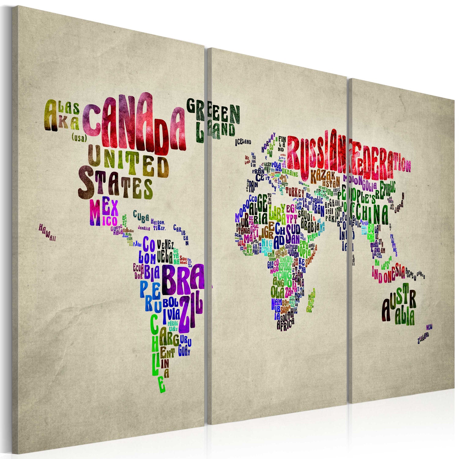 Weltkarte als Leinwandbild - Wandbild - Bunte Länder - Triptychon