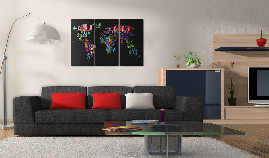 Weltkarte als Leinwandbild - Wandbild - Ländernamen - Triptychon