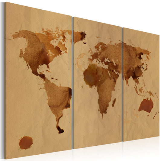 Weltkarte als Leinwandbild - Wandbild - Die Welt gemalt mit Kaffee - Triptychon
