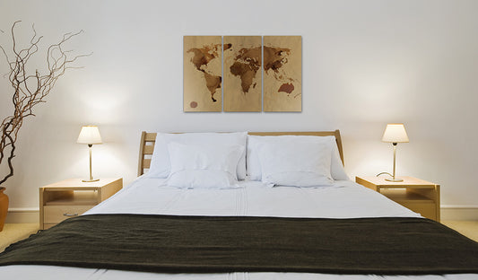 Weltkarte als Leinwandbild - Wandbild - Die Welt gemalt mit Kaffee - Triptychon