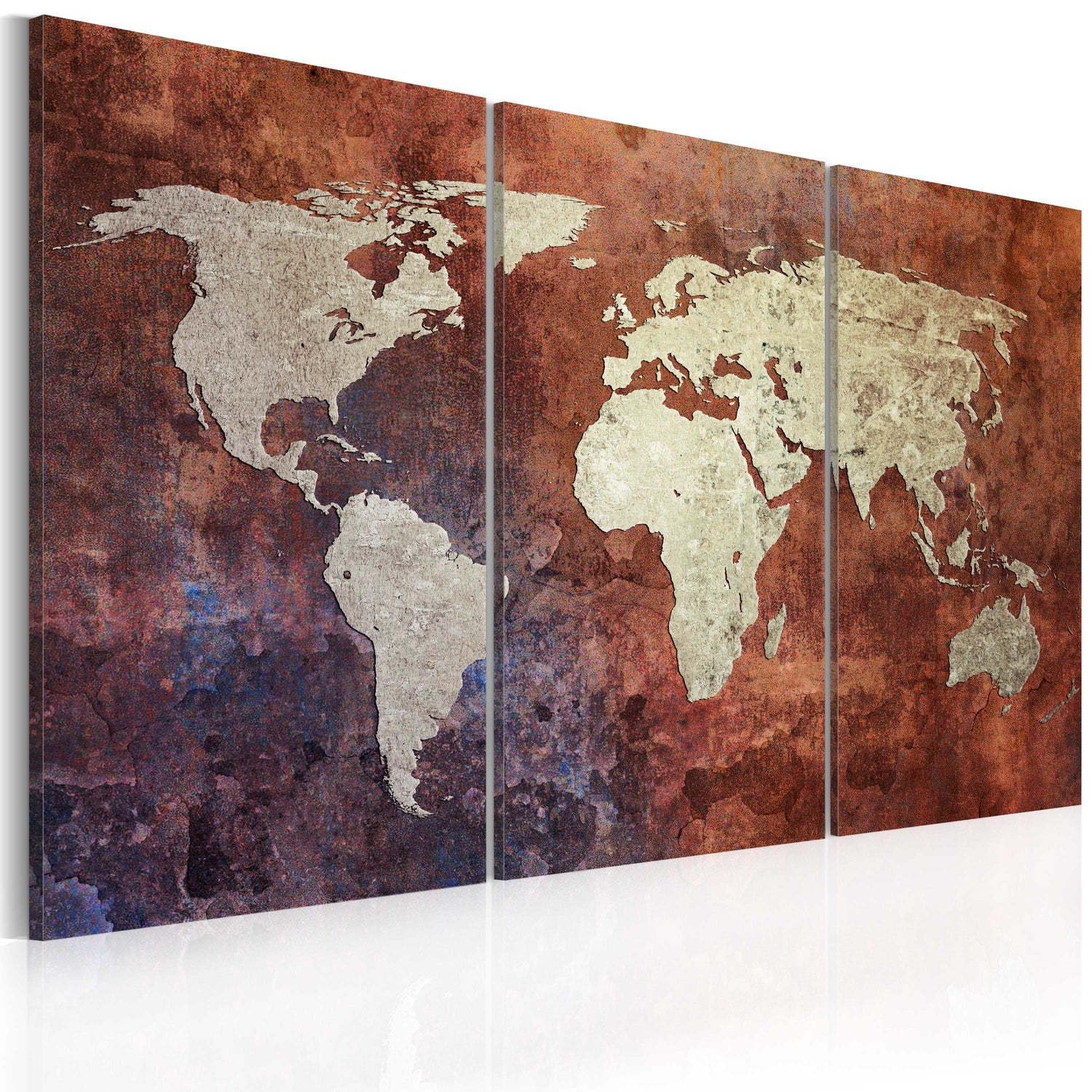 Weltkarte als Leinwandbild - Wandbild - Rostfrbene Weltkarte - Triptychon