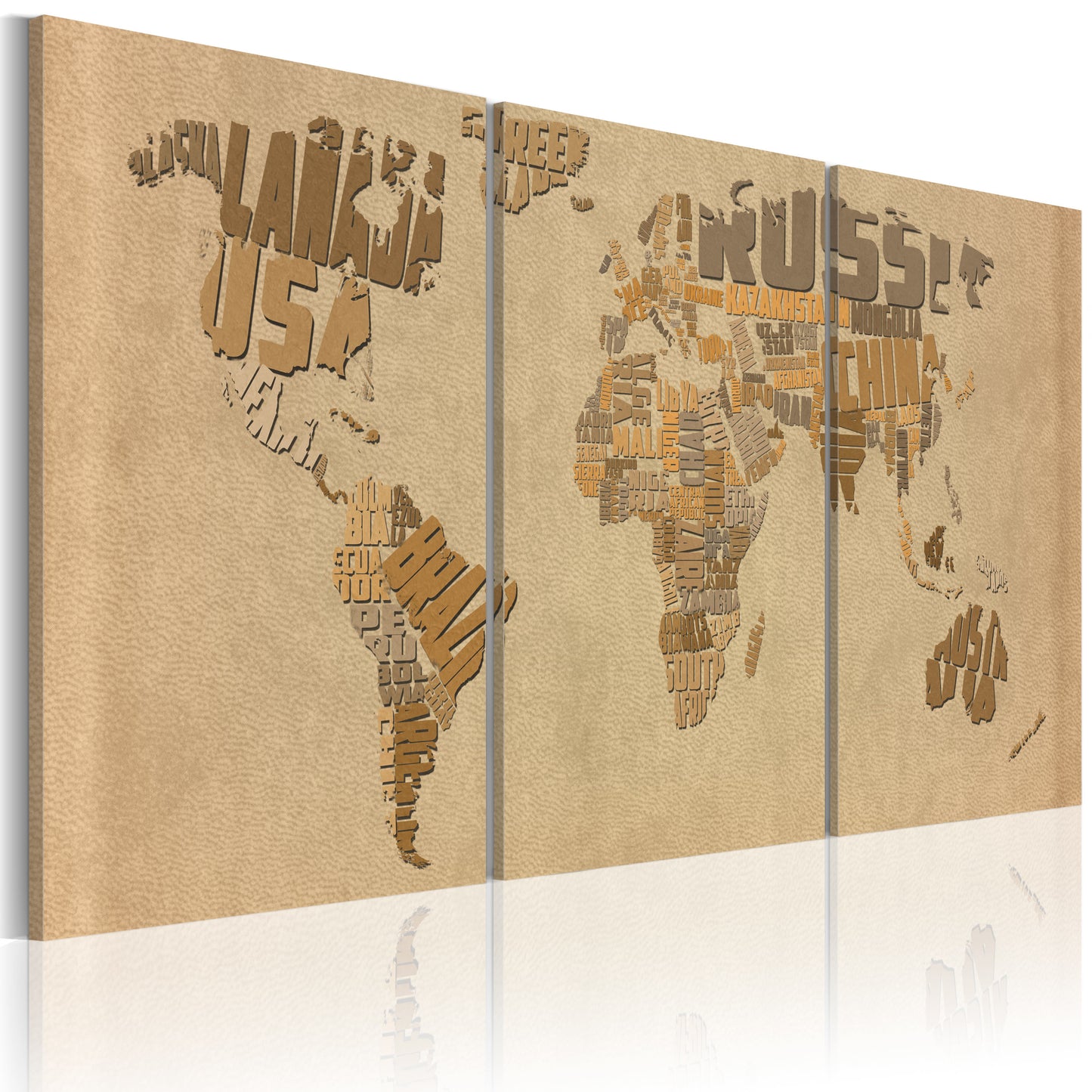 Weltkarte als Leinwandbild - Wandbild - Weltkarte in Beige und Braun