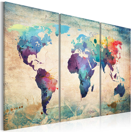 Weltkarte als Leinwandbild - Wandbild - Bunte Weltkarte - Triptychon