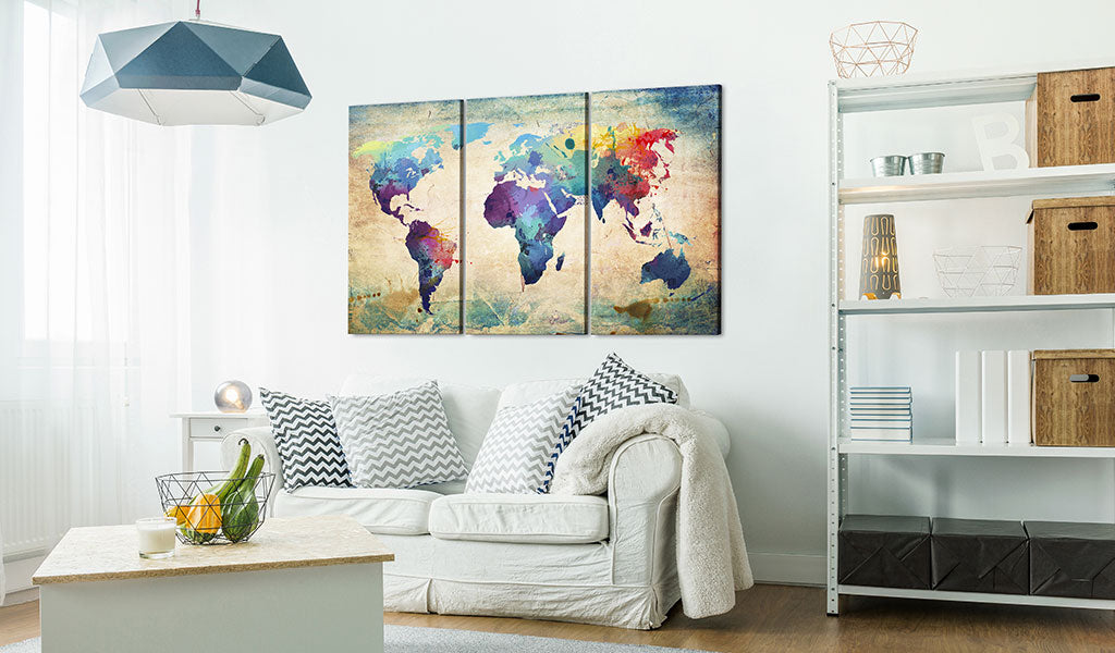Weltkarte als Leinwandbild - Wandbild - Bunte Weltkarte - Triptychon