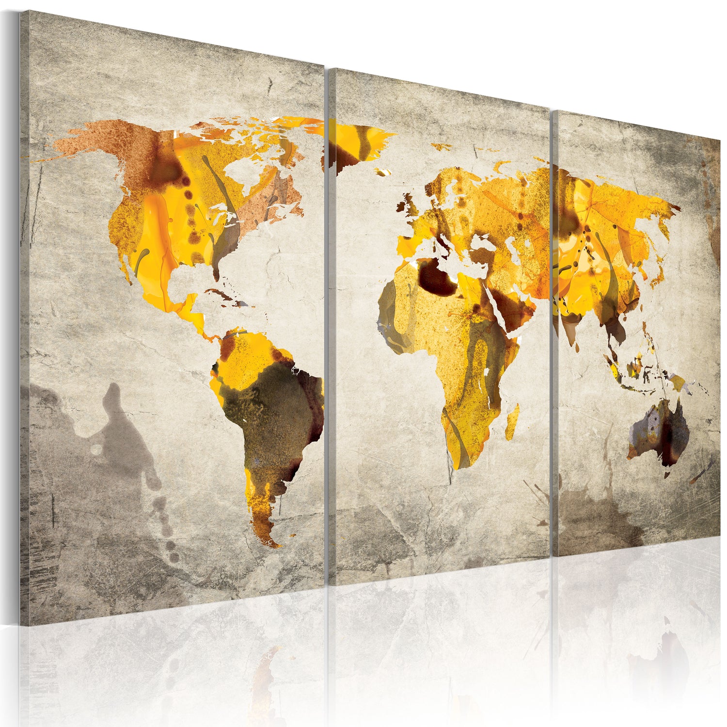 Weltkarte als Leinwandbild - Wandbild - Sonnige Kontinente - Triptychon