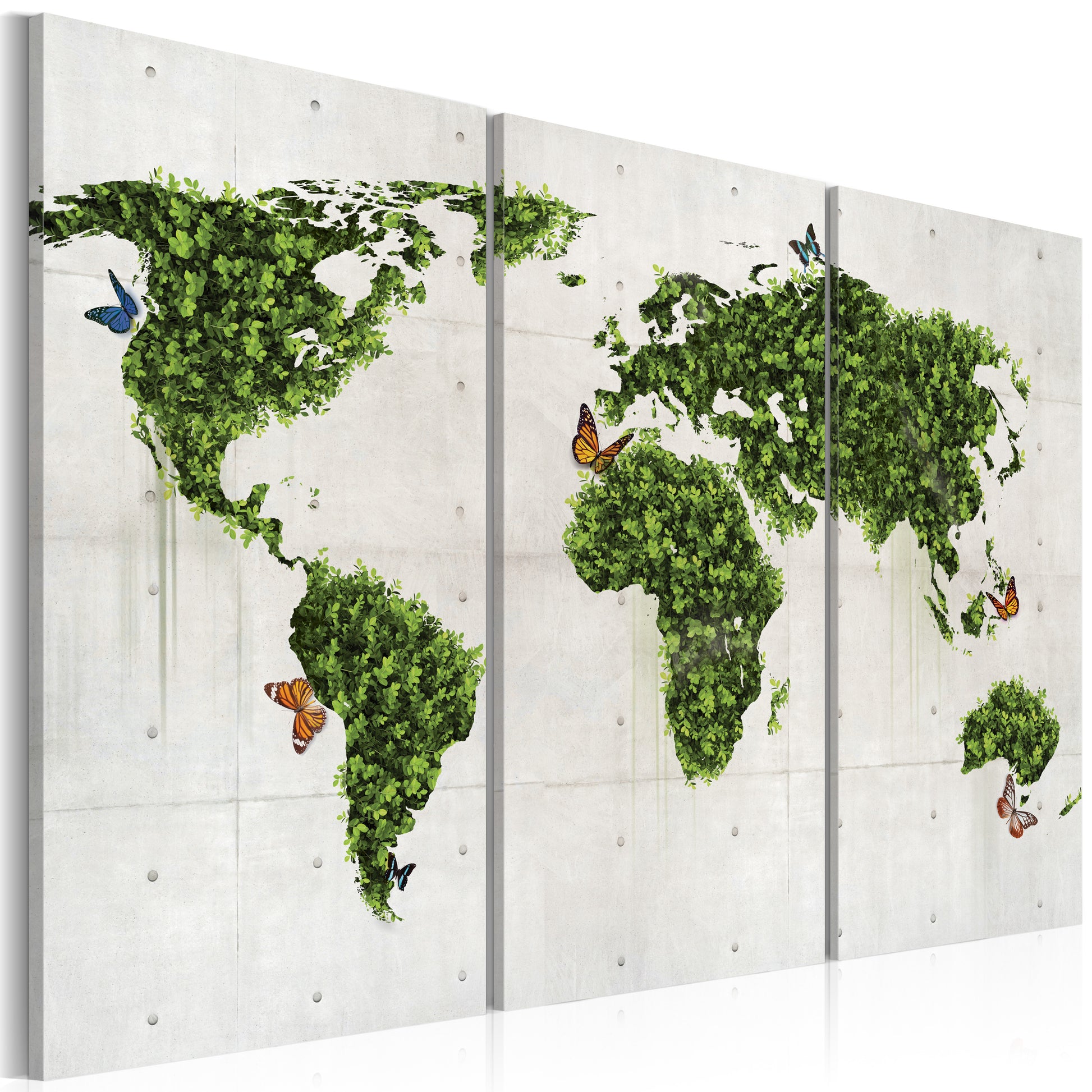 Weltkarte als Leinwandbild - Wandbild - Grünes Land der Schmetterlinge - Triptychon