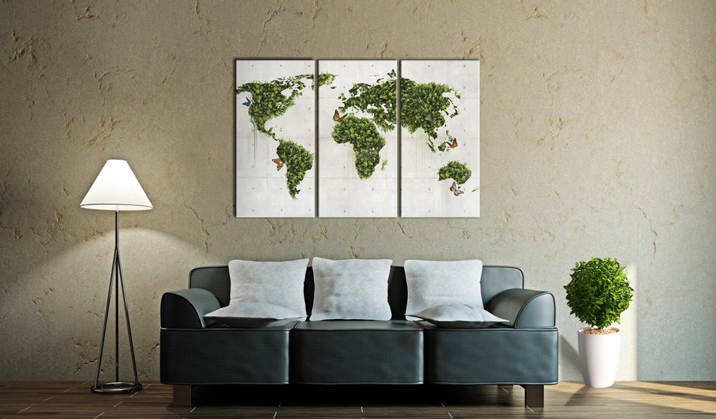 Weltkarte als Leinwandbild - Wandbild - Grünes Land der Schmetterlinge - Triptychon