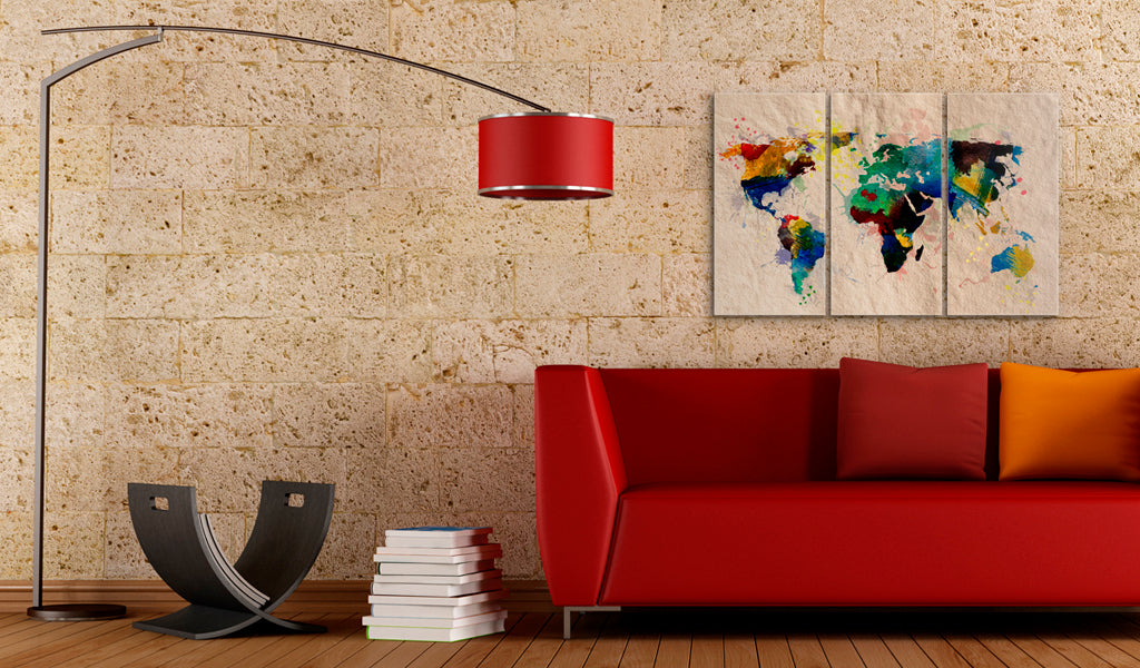 Weltkarte als Leinwandbild - Wandbild - Die Welt der Farben - Triptychon
