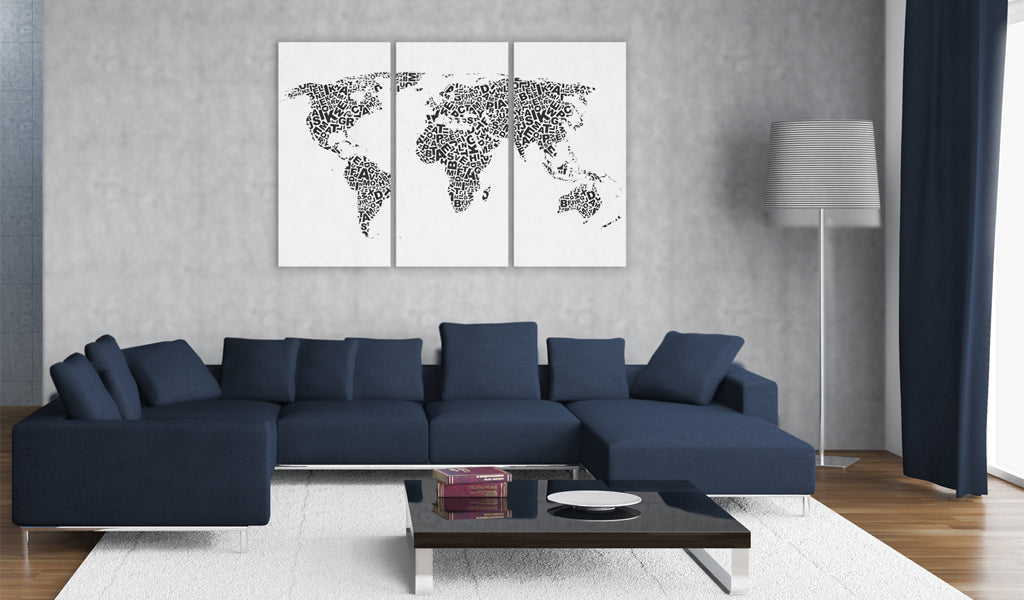 Weltkarte als Leinwandbild - Wandbild - Weltkarte - Alphabet - Triptychon