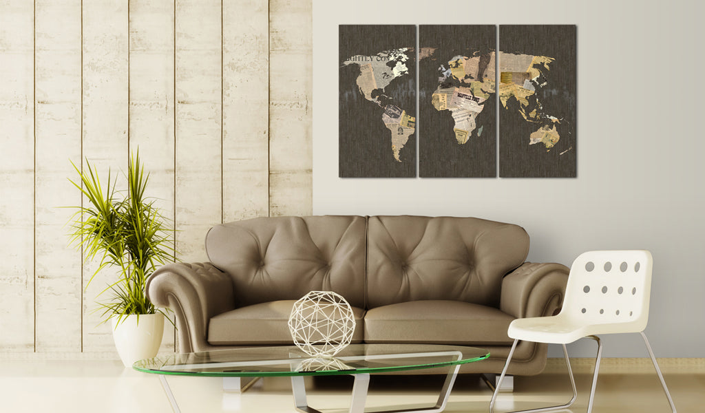 Weltkarte als Leinwandbild - Wandbild - Nachrichten aus der Welt - Triptychon