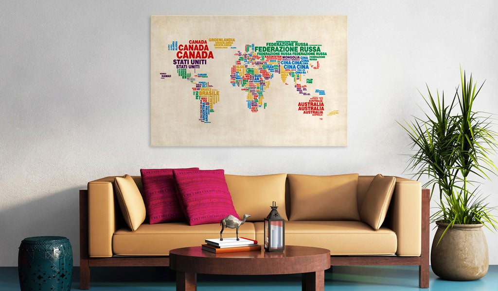 Weltkarte als Leinwandbild - Wandbild - Italienischen Ländernamen in lebendigen Farben