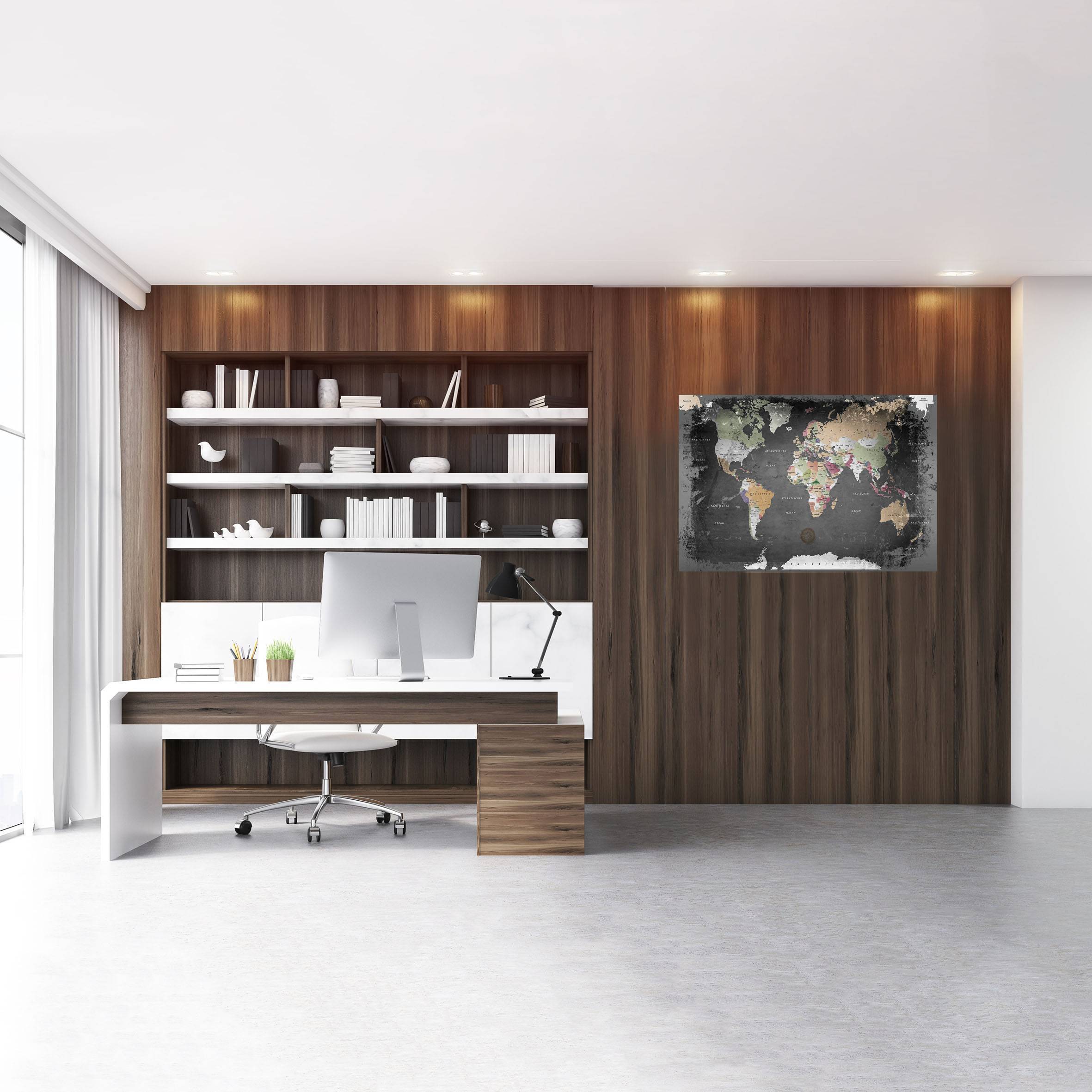 Echtglas Wandbild - Weltkarte Graphit - WELTKARTEN24