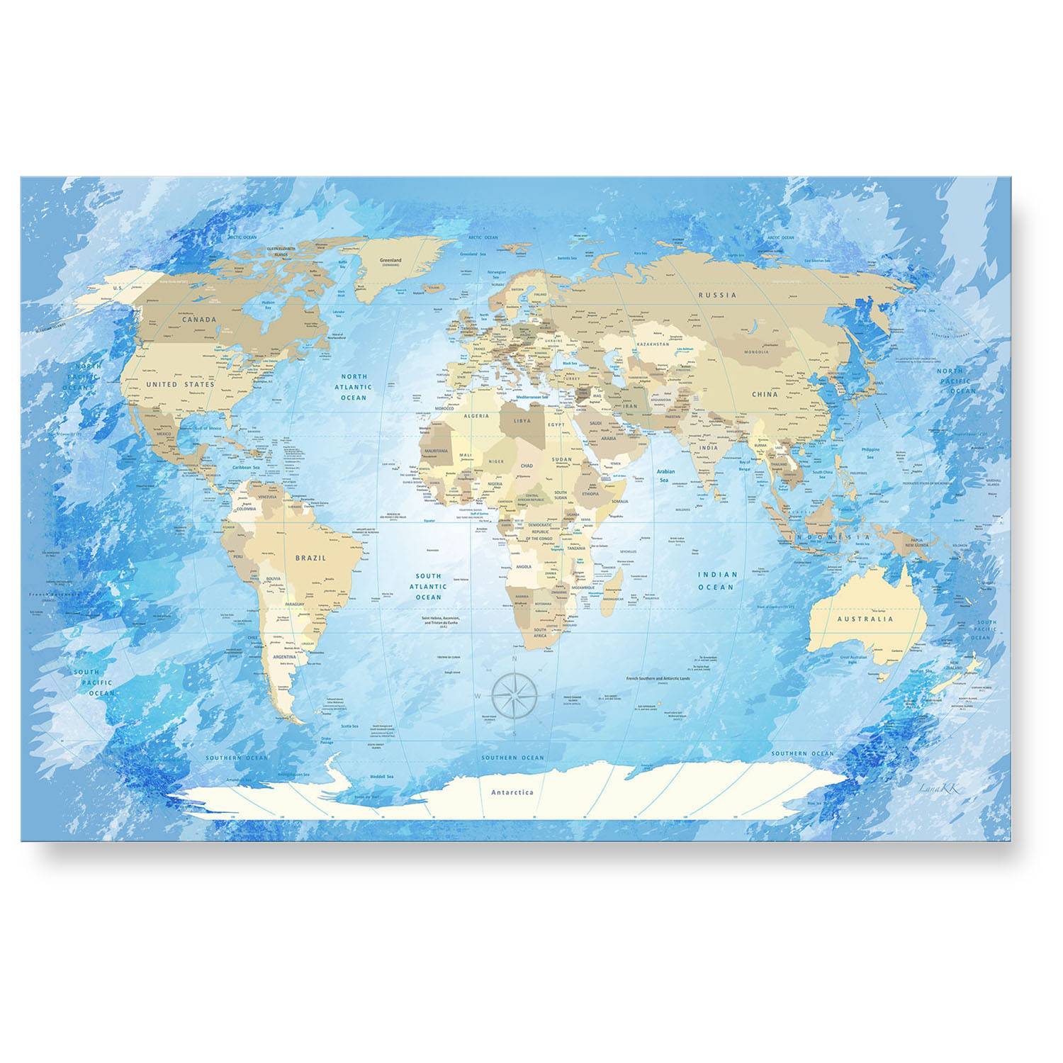 Echtglas Wandbild - Weltkarte Blue Ocean - WELTKARTEN24