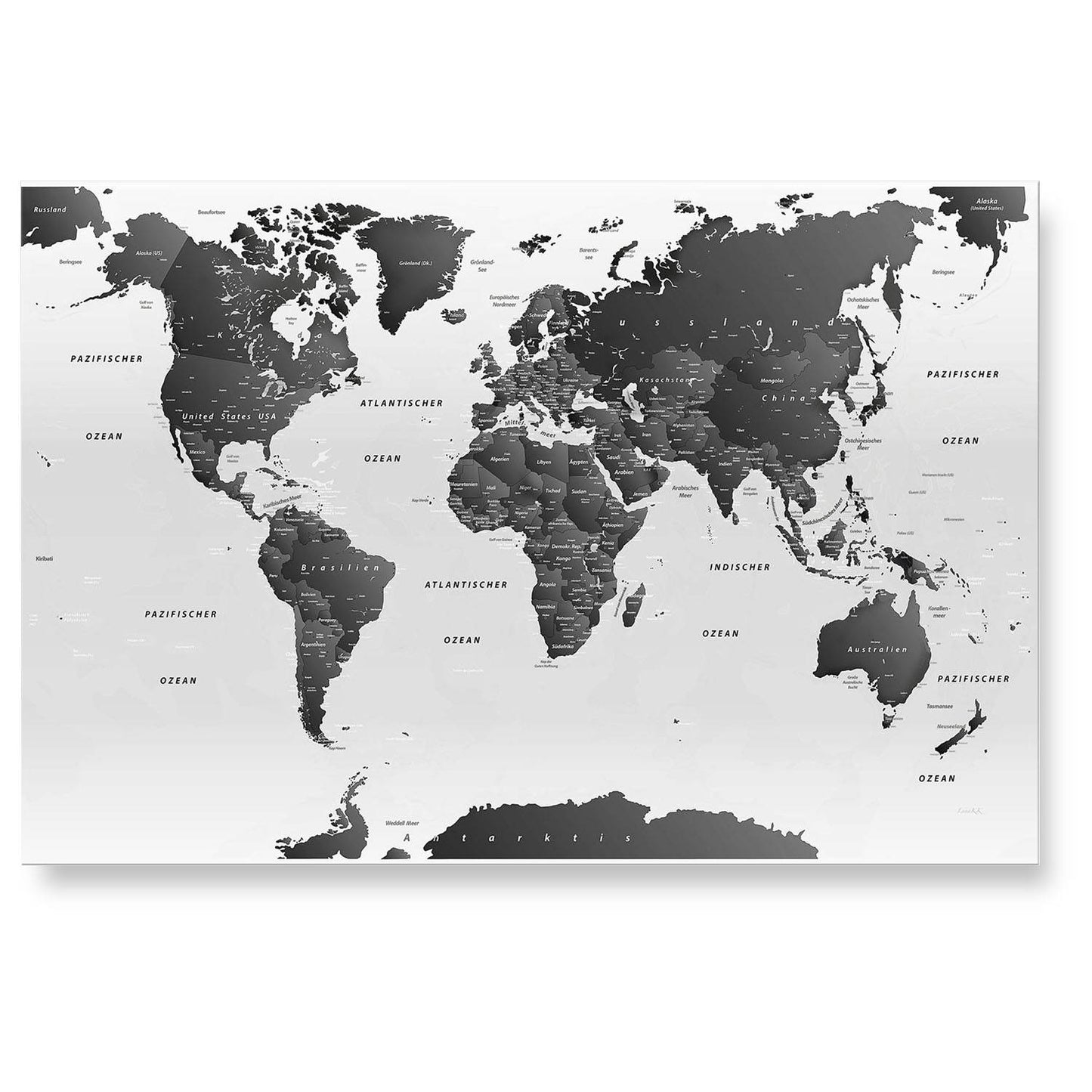 Echtglas Wandbild - Weltkarte Schwarz & Weiß - hell - WELTKARTEN24