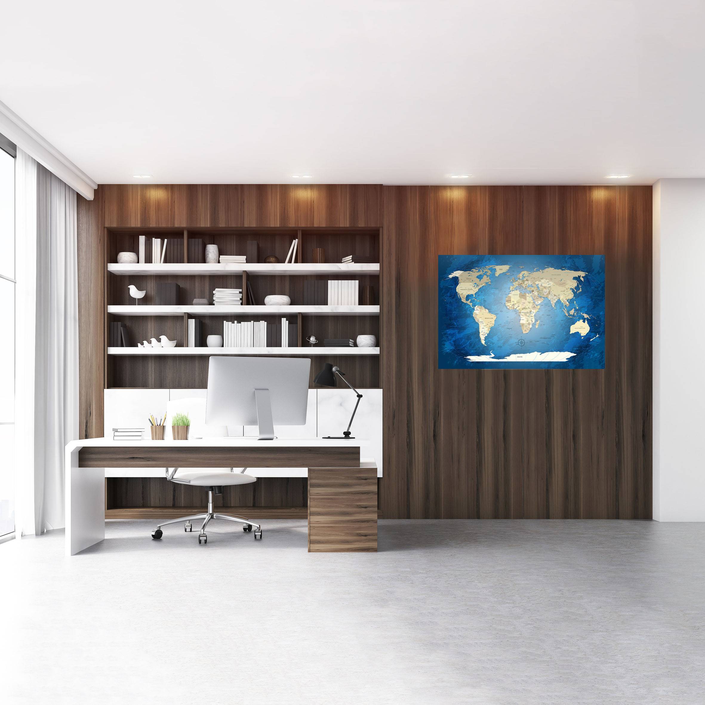 Echtglas Wandbild - Weltkarte Blue Ocean - WELTKARTEN24