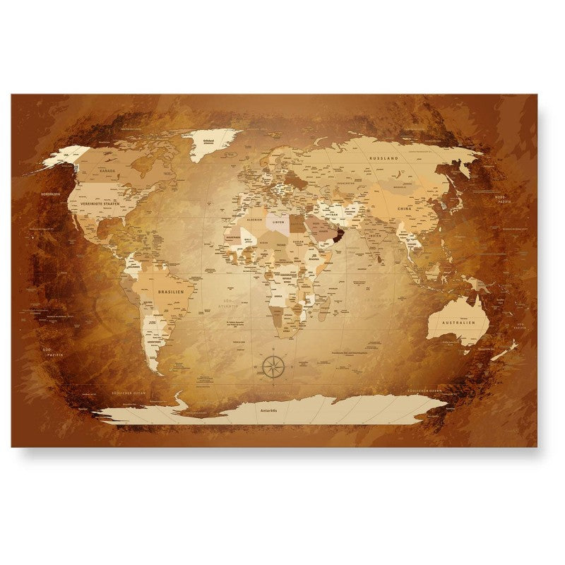 Echtglas Wandbild - Weltkarte Braun Farbenfroh - WELTKARTEN24