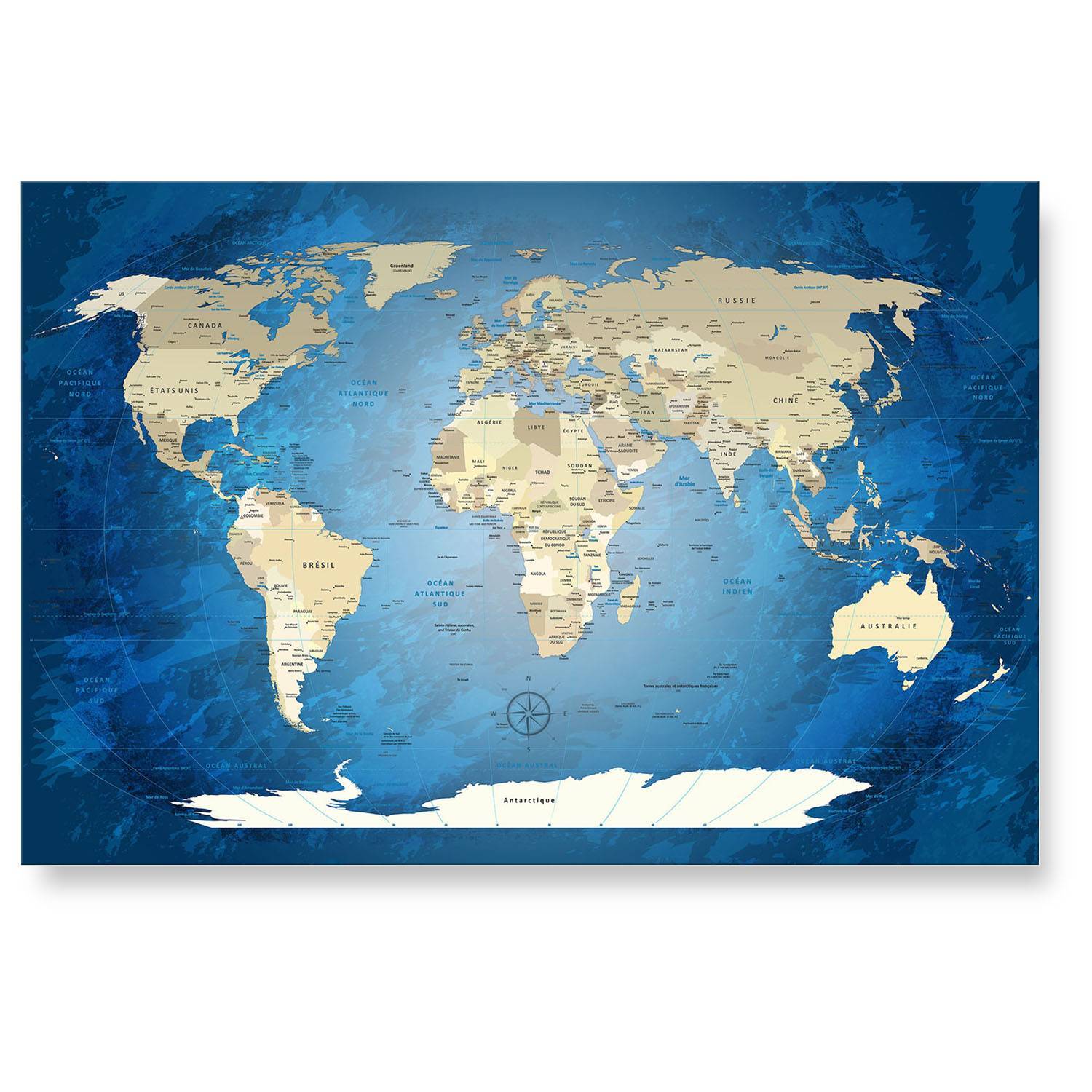 Echtglas Wandbild - Weltkarte Blue Ocean - WELTKARTEN24