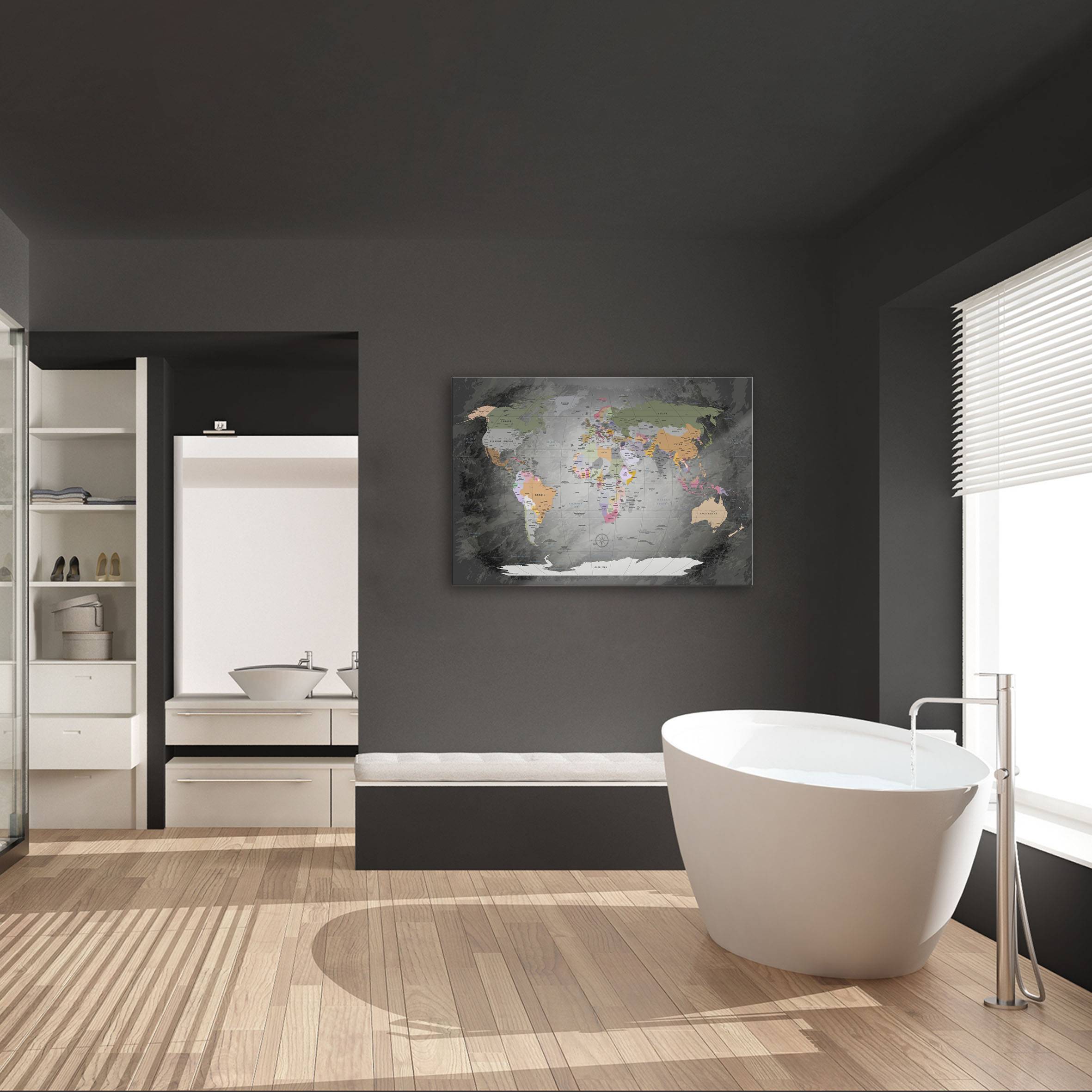 Echtglas Wandbild - Weltkarte Edelgrau - WELTKARTEN24