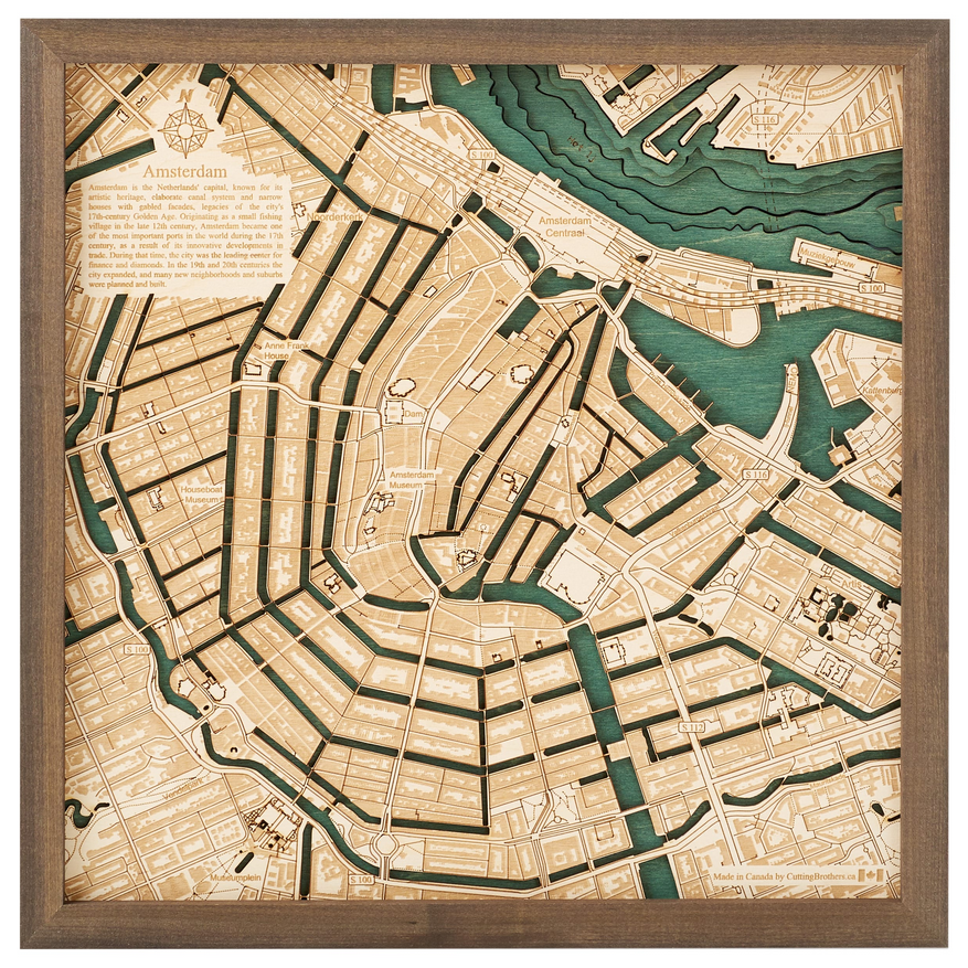 Stadtkarte von Amsterdam | 3D Wandbild aus Holz von Cutting Brothers
