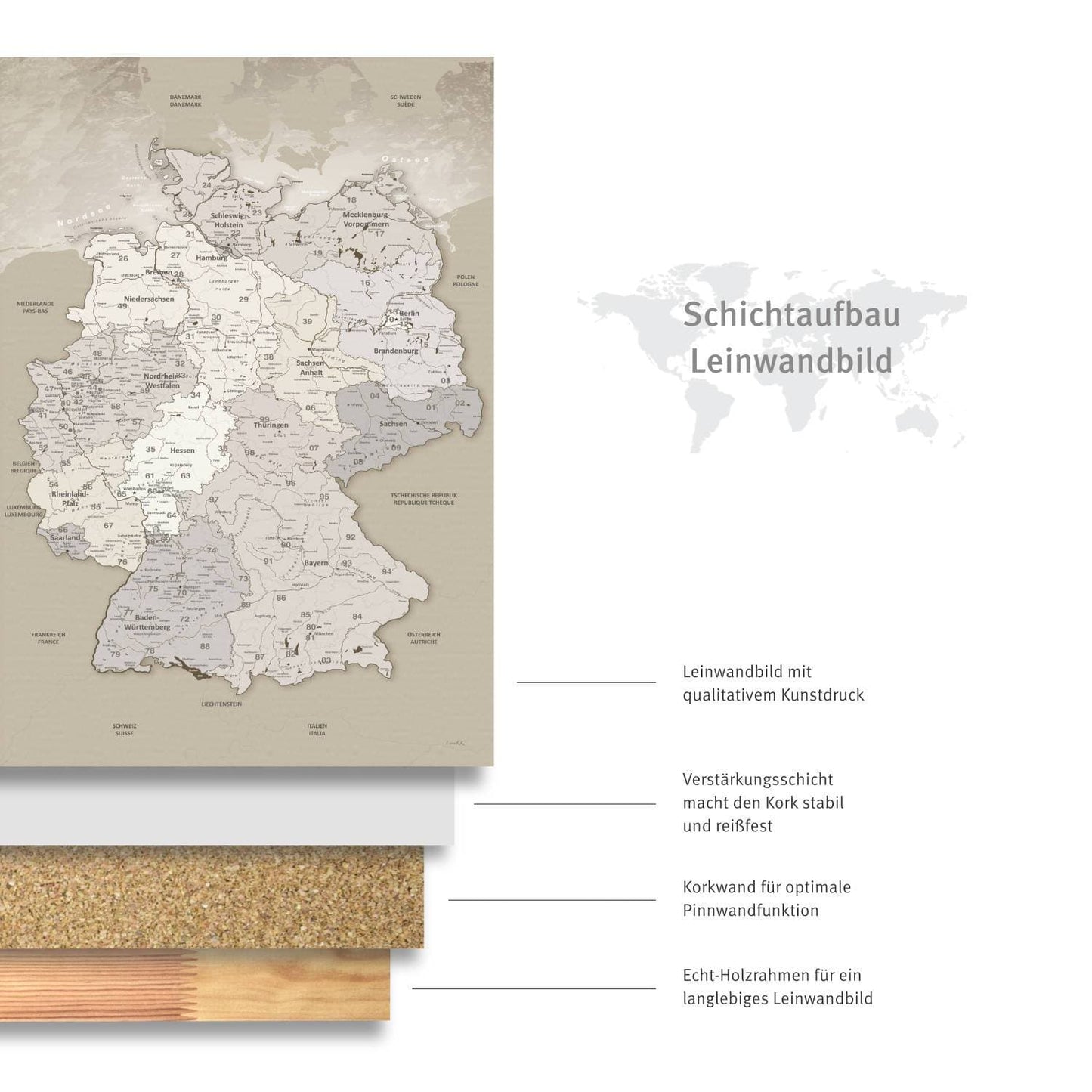 Leinwandbild - Deutschlandkarte Beige  - Pinnwand, Deutsch|Canvas Art - Germany Card Beige - Pinboard, German