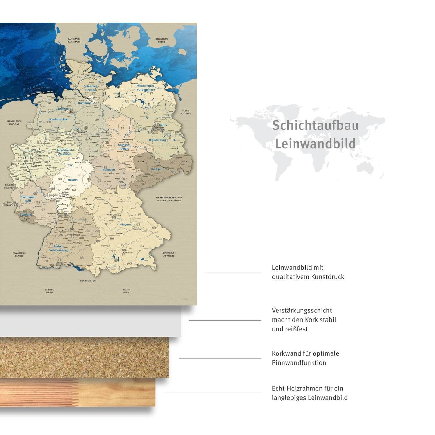 Leinwandbild - Deutschlandkarte Blue Ocean  - Pinnwand, Deutsch|Canvas Art - Germany Card Blue Ocean - Pinboard, German