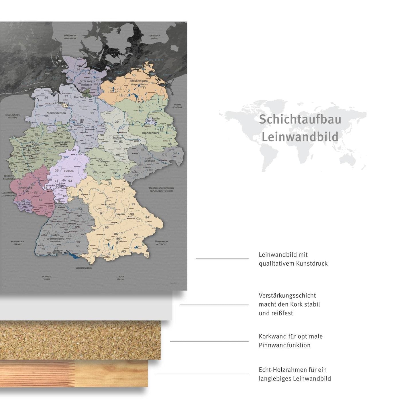 Leinwandbild - Deutschlandkarte Edelgrau  - Pinnwand, Deutsch|Canvas Art - Germany Card Noble Grey - Pinboard, German
