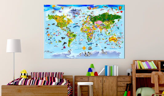Weltkarte als Leinwandbild - Wandbild - Children's Map: Colourful Travels