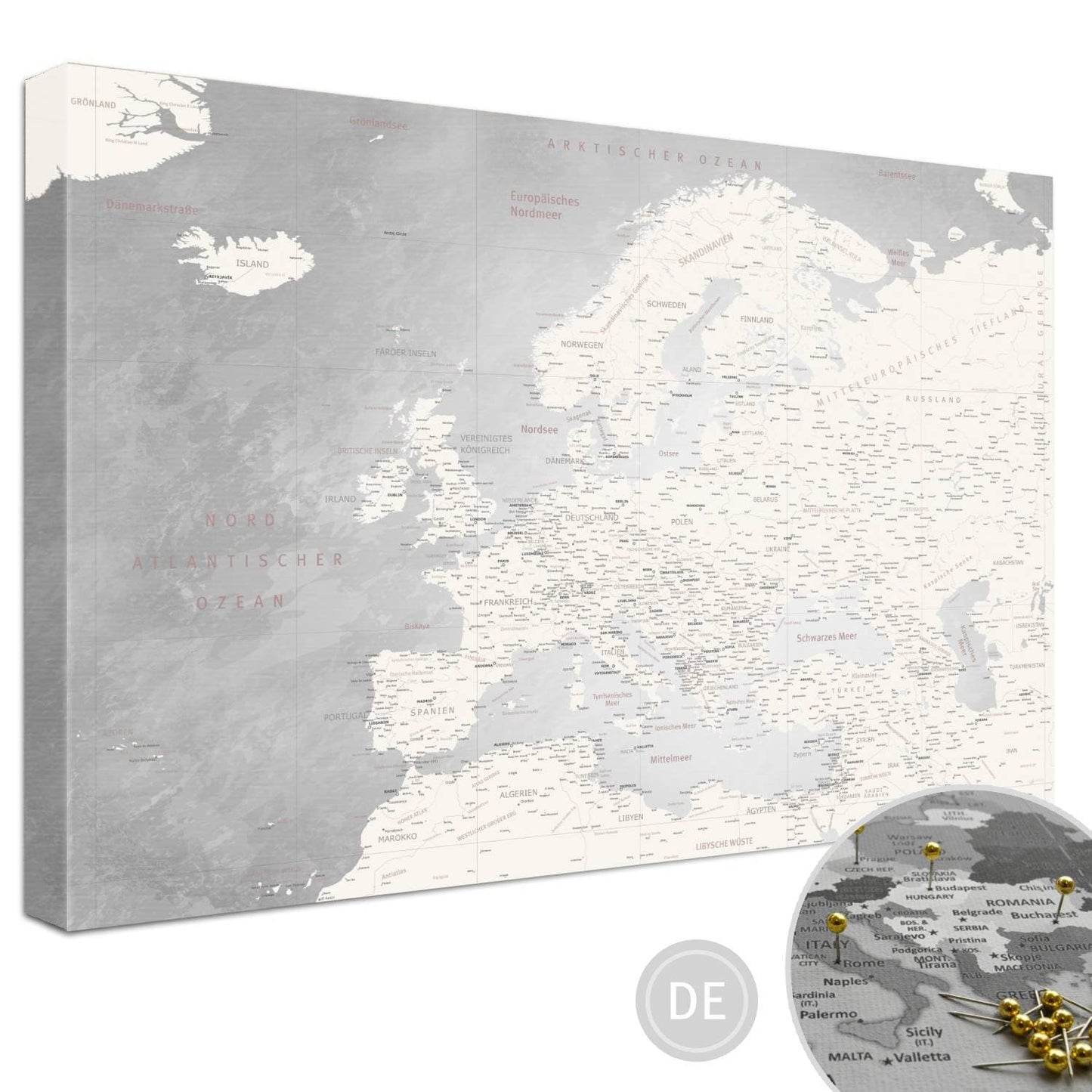 Leinwandbild - Europakarte Champagner - Pinnwand, Deutsch|Canvas Art - Europe Map Champagne - Pinboard, German