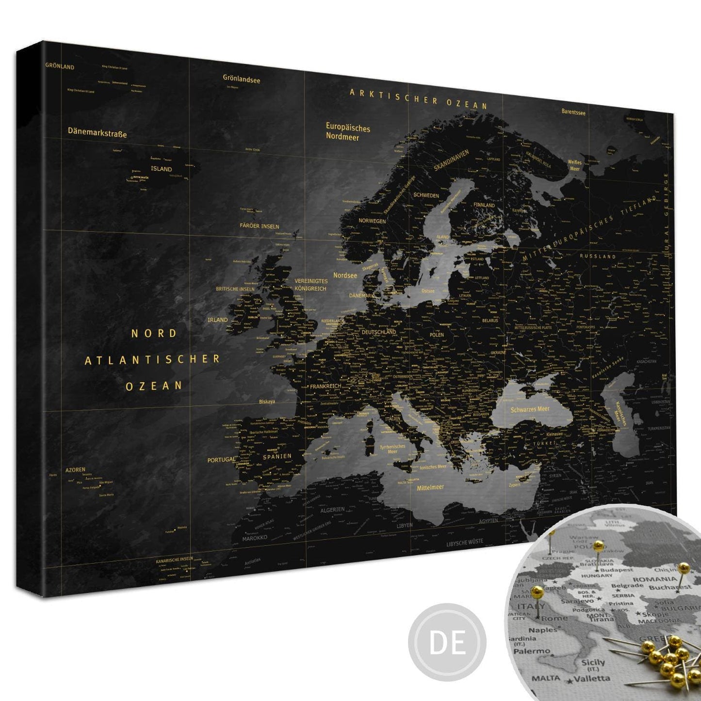 Leinwandbild - Europakarte Noir - Pinnwand, Deutsch|Canvas Art - Europe Map Noir - Pinboard, German