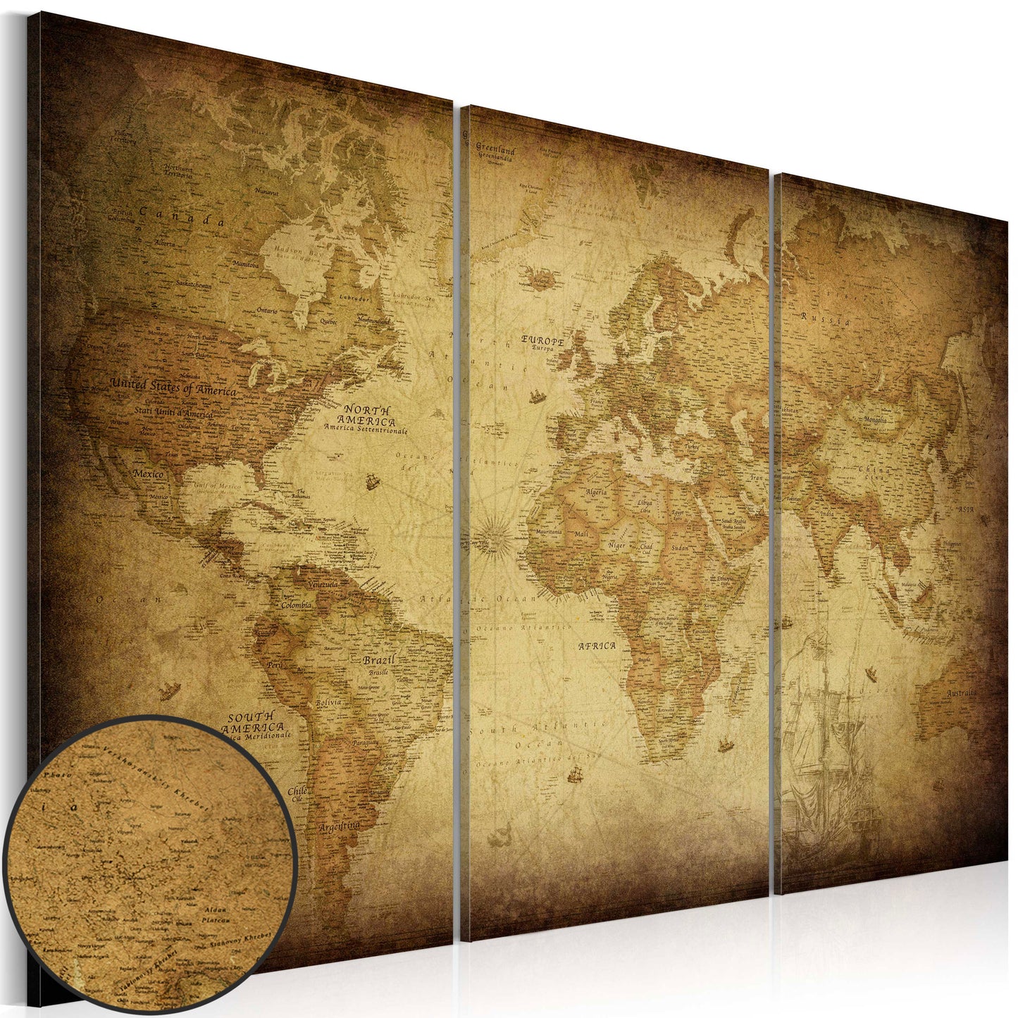 Weltkarte als Leinwandbild - Wandbild - Old map: triptych