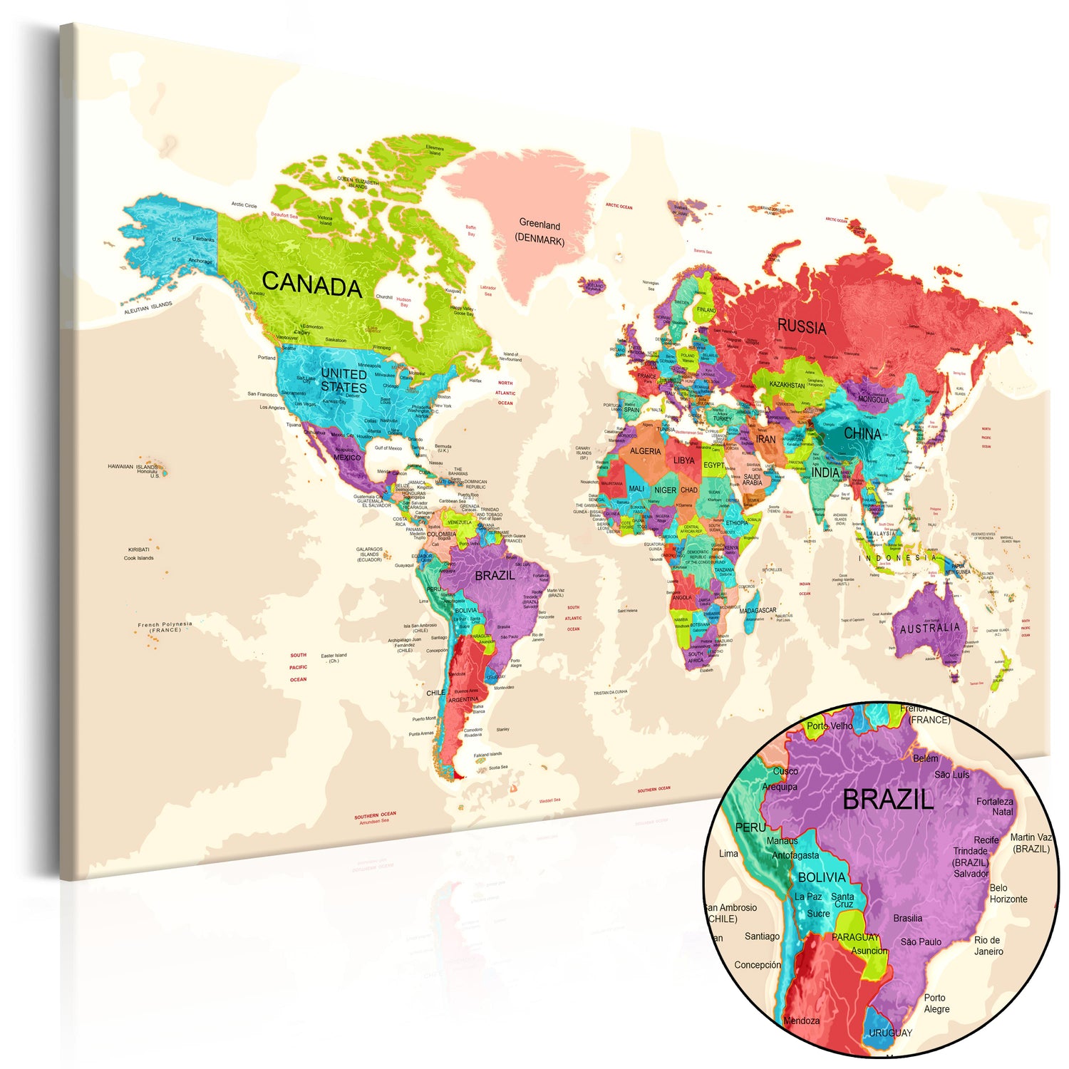 Weltkarte als Leinwandbild - Wandbild - Colourful Land