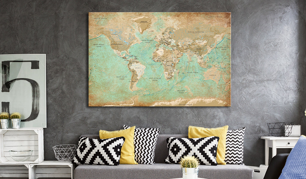 Weltkarte als Leinwandbild - Wandbild - World Map: Celadon Journey
