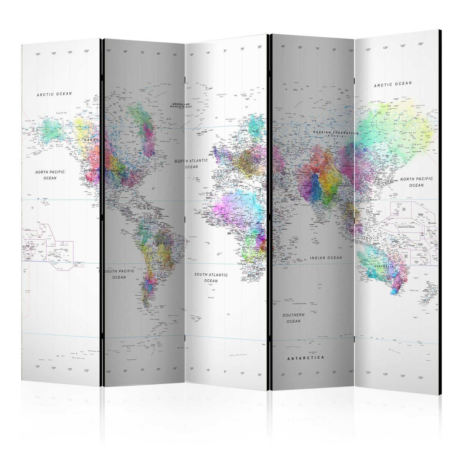 Paravent - White-colorful world map (5-teilig) - WELTKARTEN24