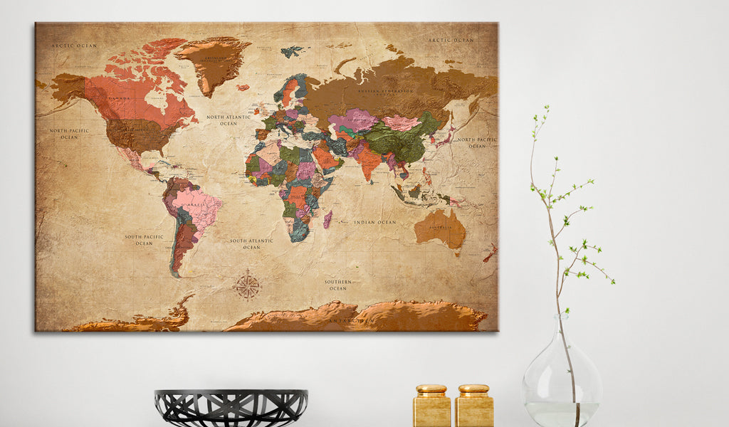 Weltkarte als Leinwandbild - Wandbild - World Map: Brown Elegance