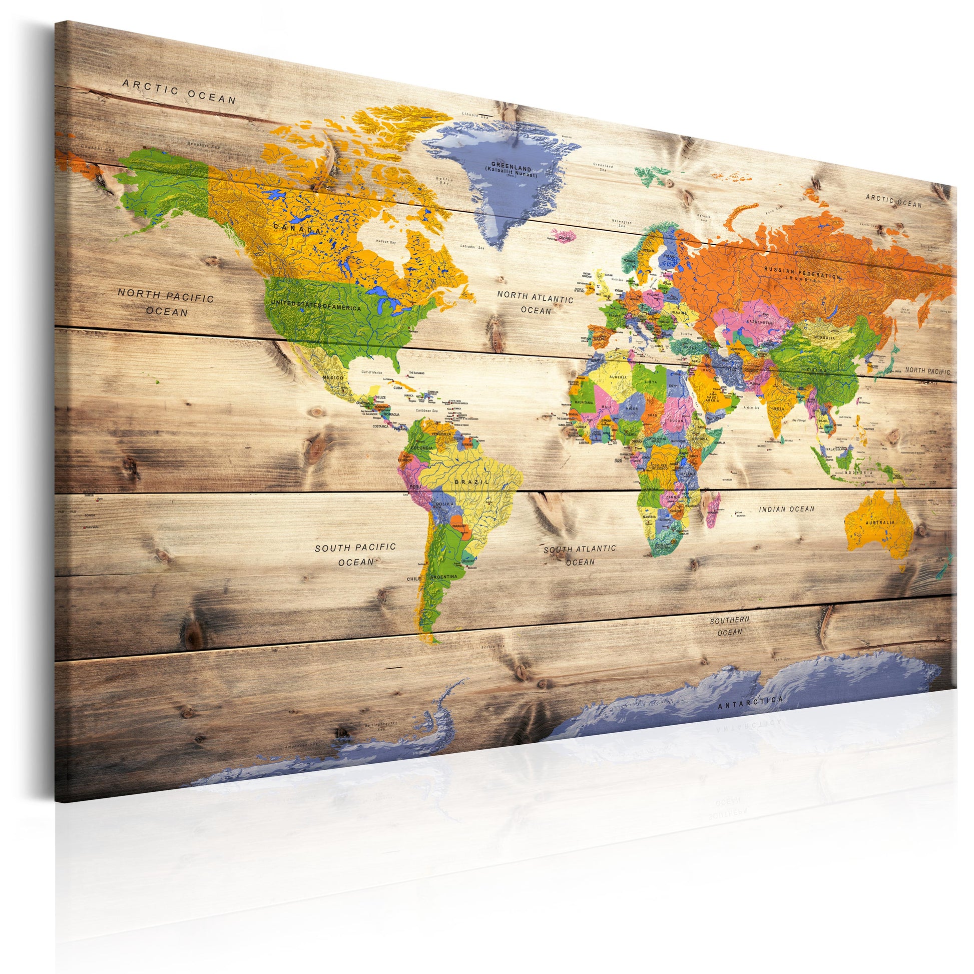 Weltkarte als Leinwandbild - Wandbild - Map on wood: Colourful Travels