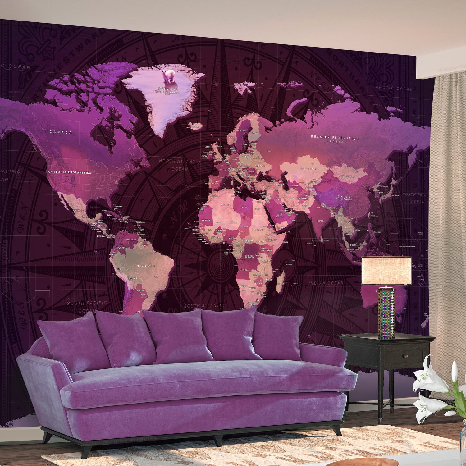 Fototapete - Purple World Map - WELTKARTEN24