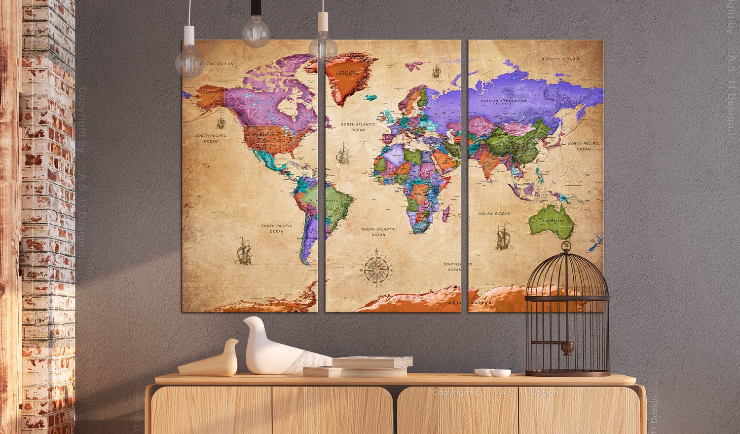 Weltkarte als Leinwandbild - Wandbild - Colourful Travels (3 Parts)
