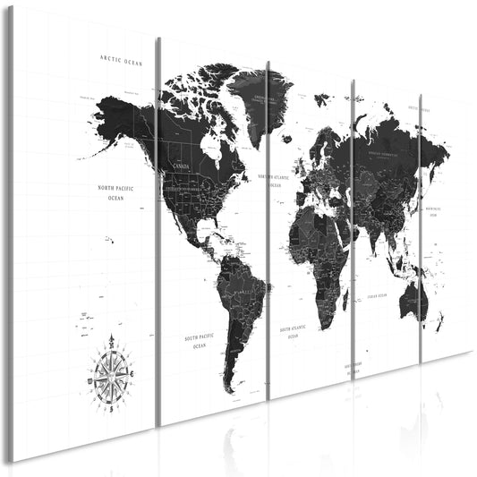 Weltkarte als Leinwandbild - Wandbild - Black and White Map (5 Parts) Narrow