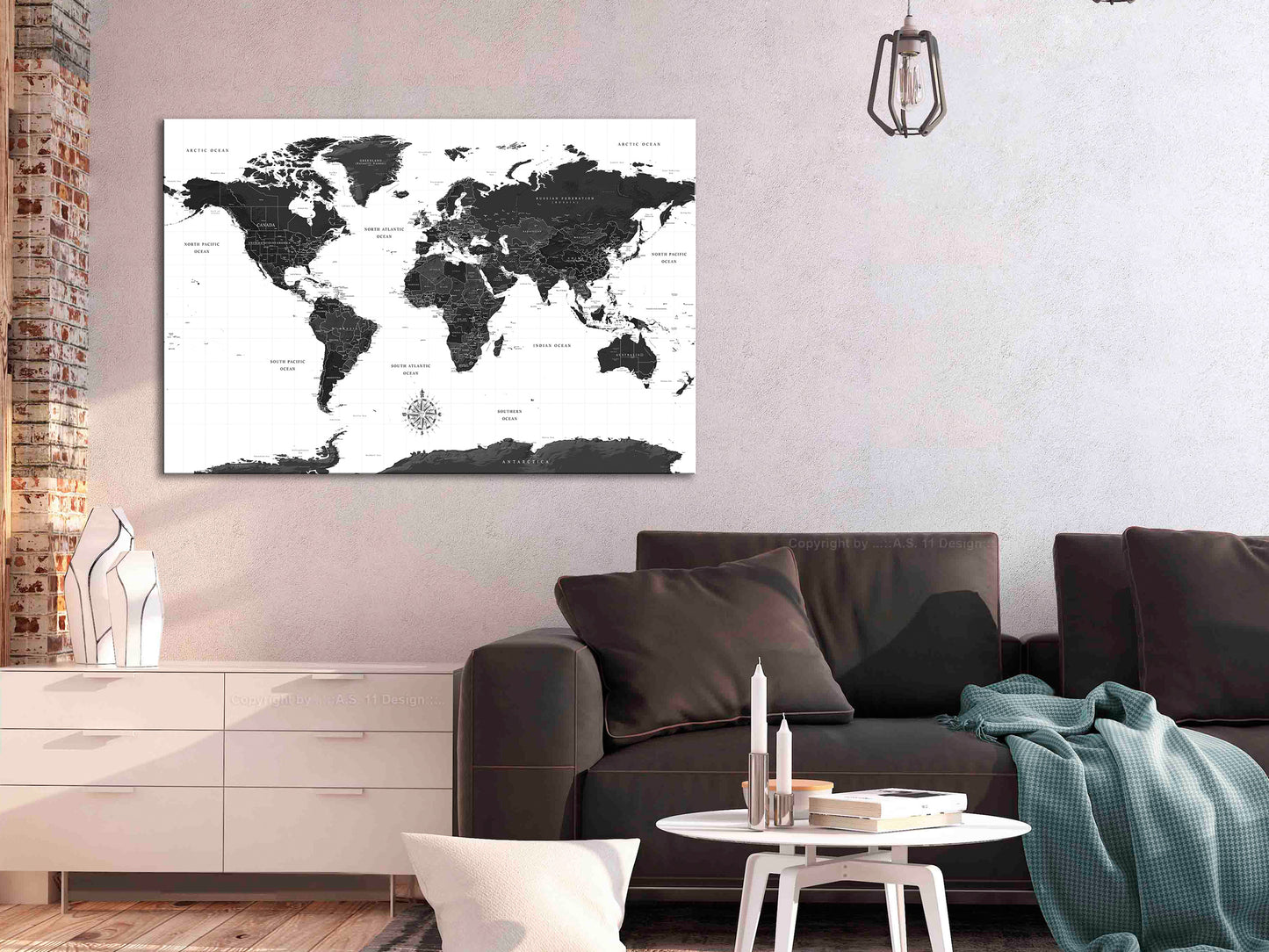 Weltkarte als Leinwandbild - Wandbild - Black and White Map (1 Part) Wide