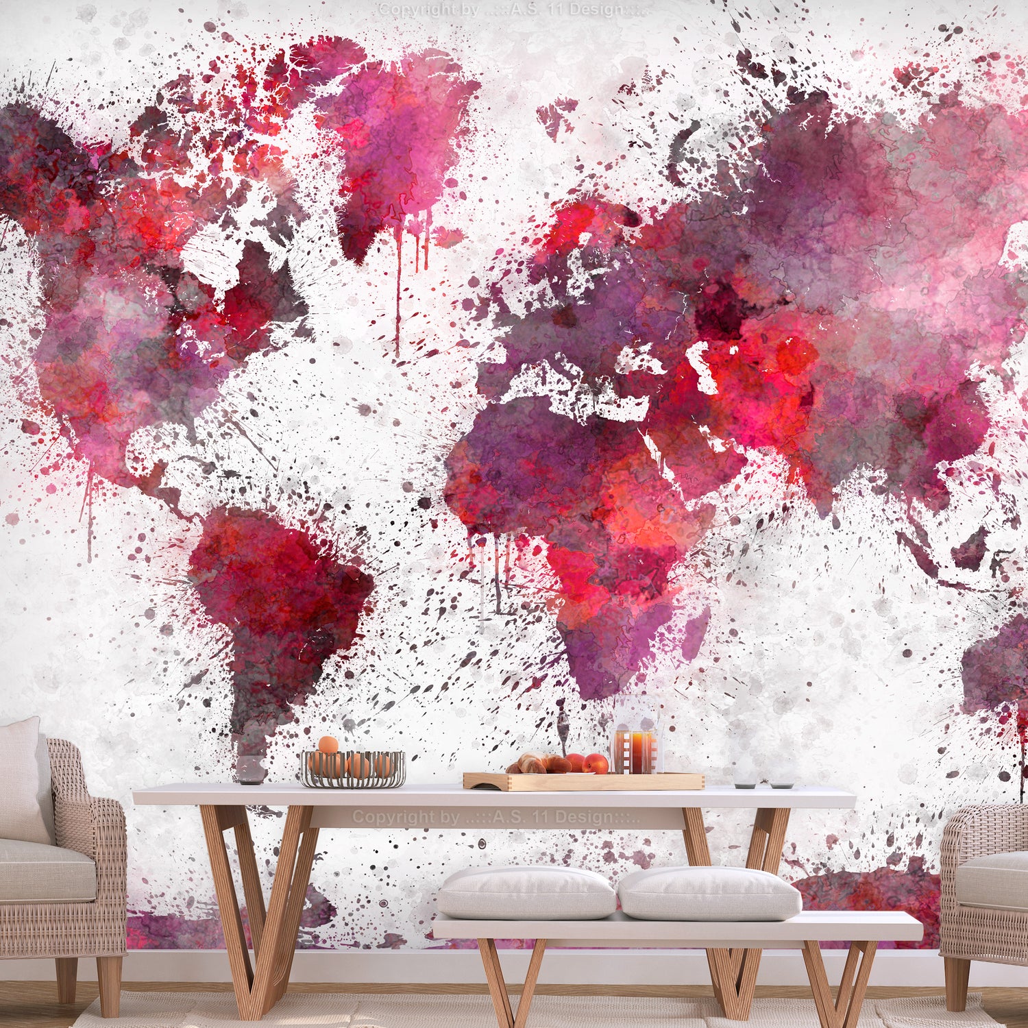 Fototapete - World Map: Red Watercolors - WELTKARTEN24