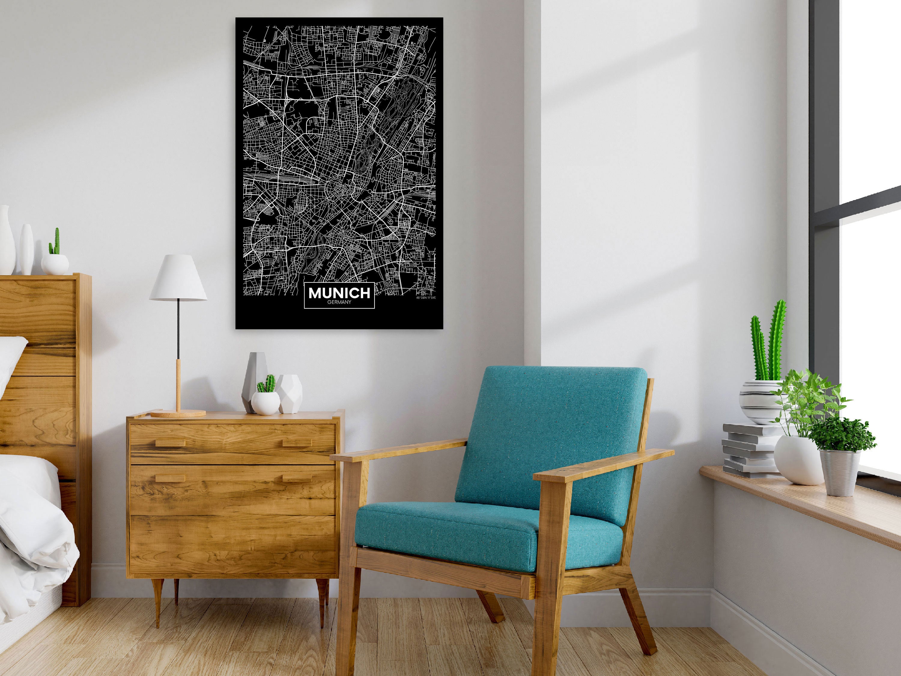 Weltkarte als Leinwandbild - Wandbild - Dark Map of Munich (1 Part) Vertical