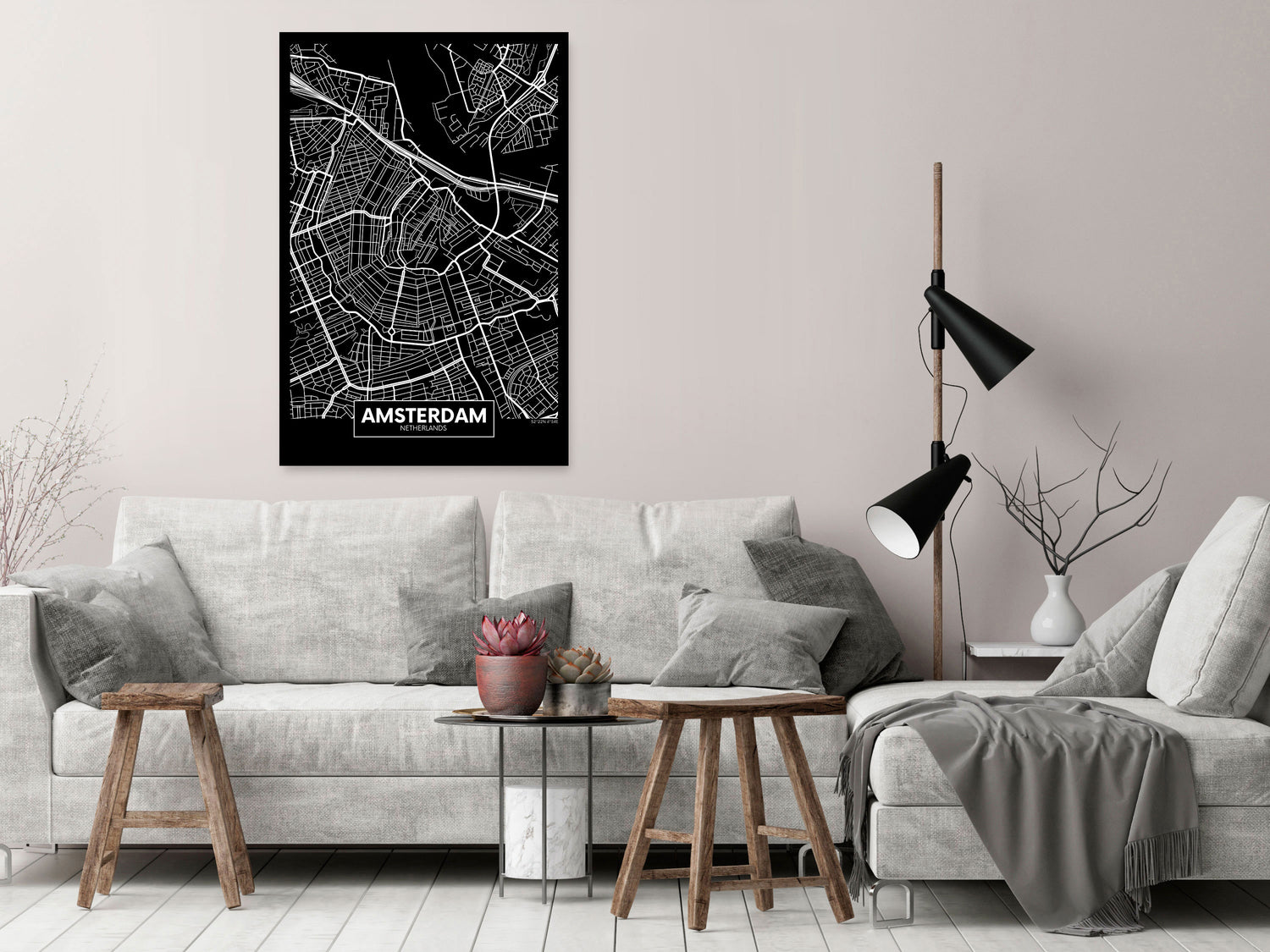 Weltkarte als Leinwandbild - Wandbild - Dark Map of Amsterdam (1 Part) Vertical