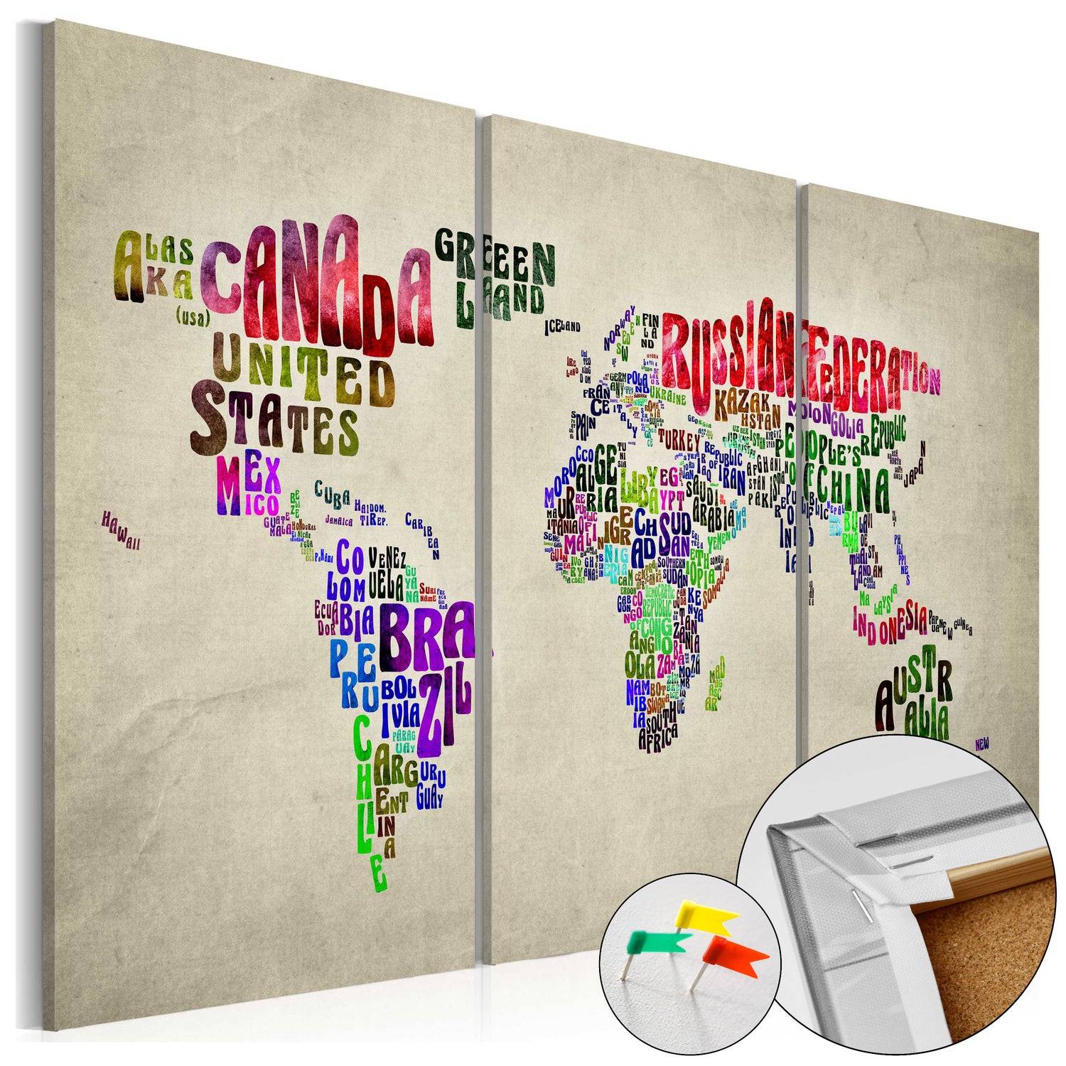 Pinnwand - Weltkarte Colorful Countries (3-teilig) - WELTKARTEN24