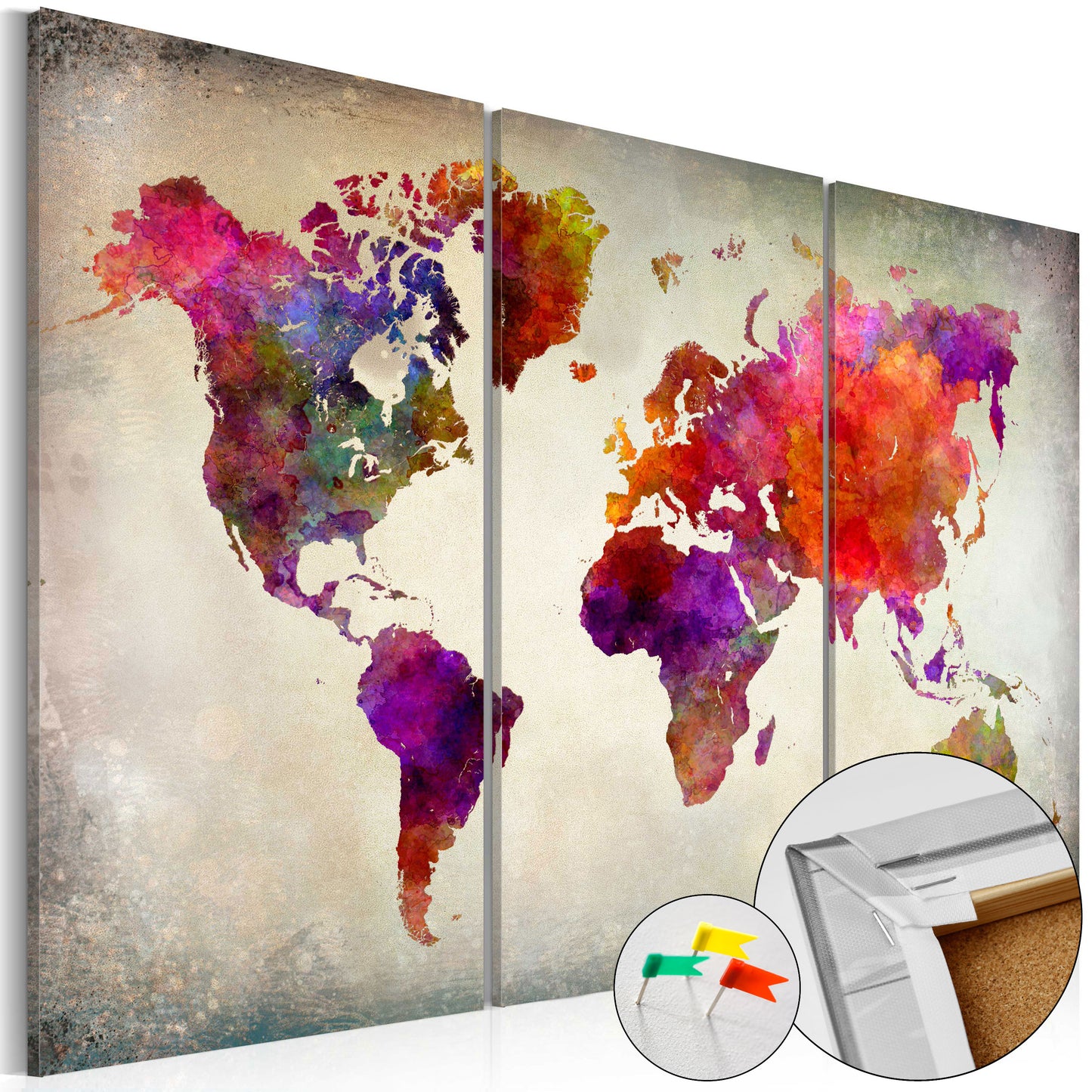 Pinnwand - Weltkarte Mosaic of Colours (3-teilig) - WELTKARTEN24