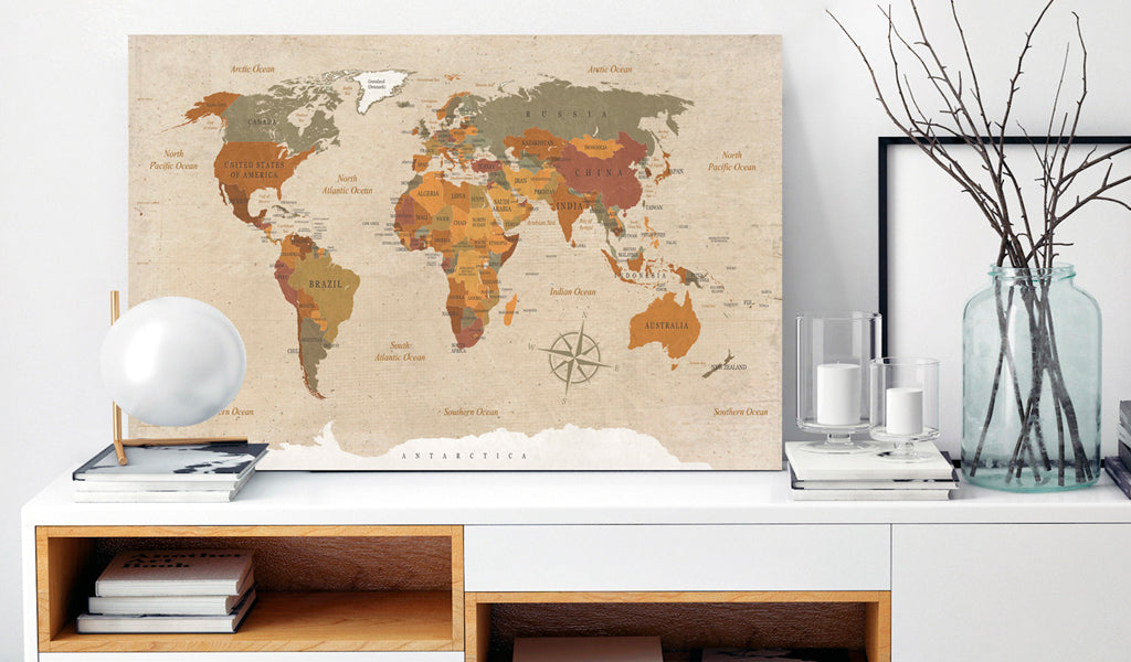 Weltkarte als Leinwandbild - Wandbild - World Map: Beige Chic