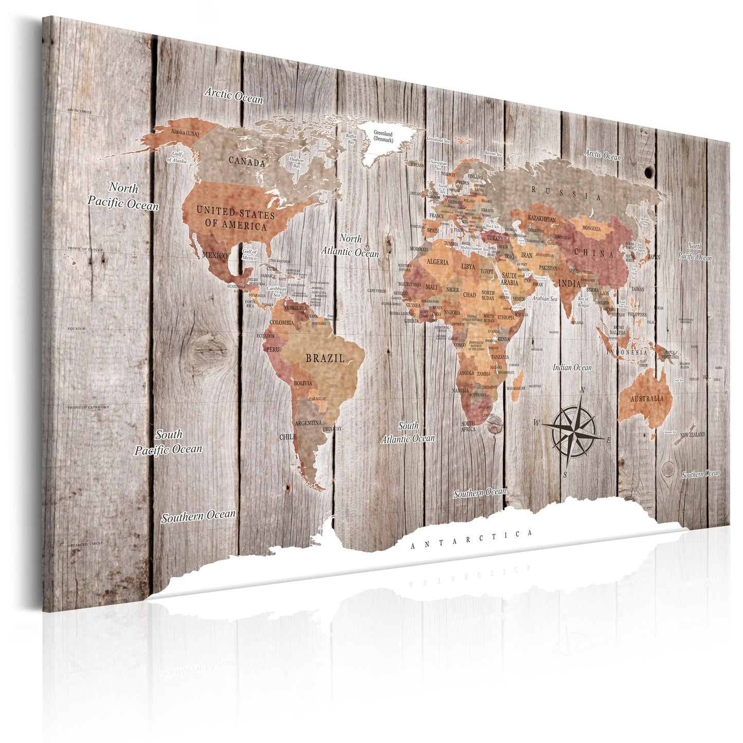 Weltkarte als Leinwandbild - Wandbild - World Map: Wooden Stories