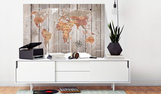 Weltkarte als Leinwandbild - Wandbild - World Map: Wooden Stories