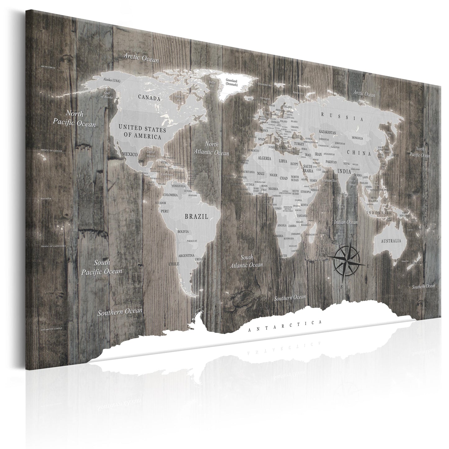 Weltkarte als Leinwandbild - Wandbild - World Map: Wooden World