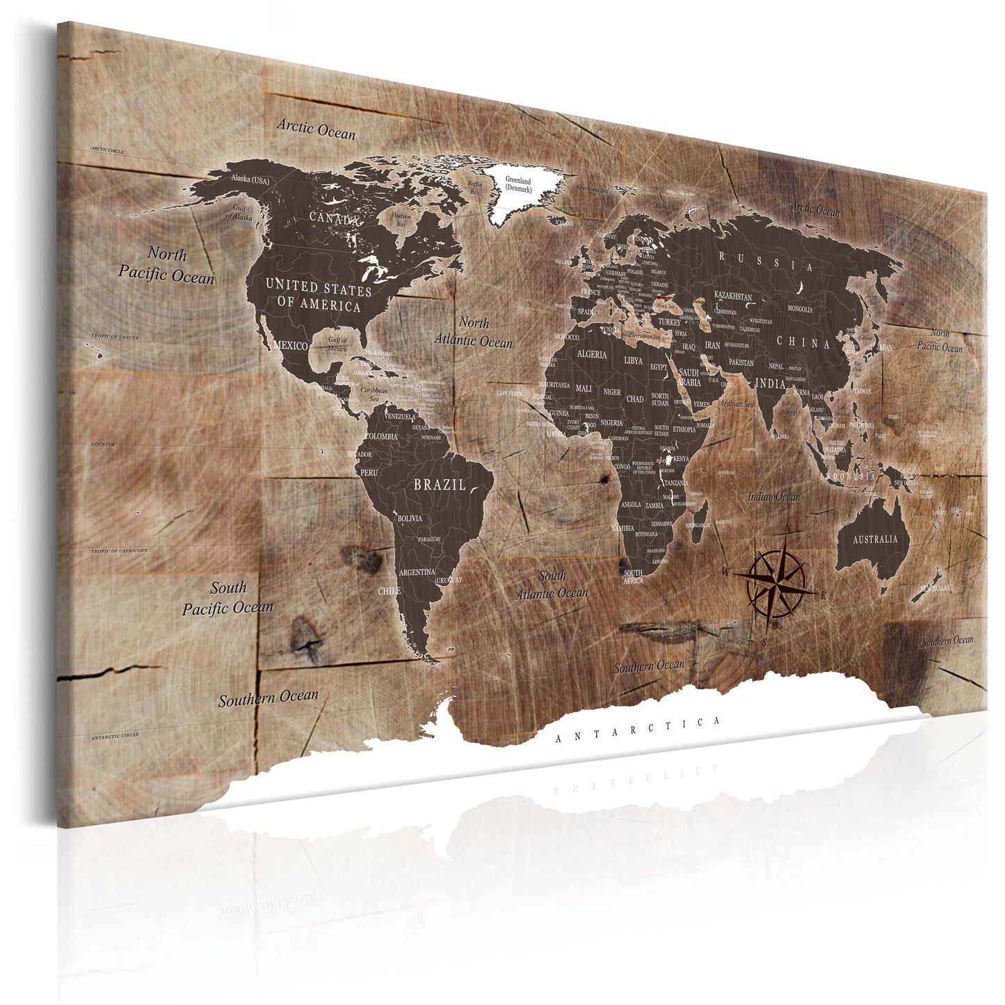Weltkarte als Leinwandbild - Wandbild - World Map: Wooden Mosaic
